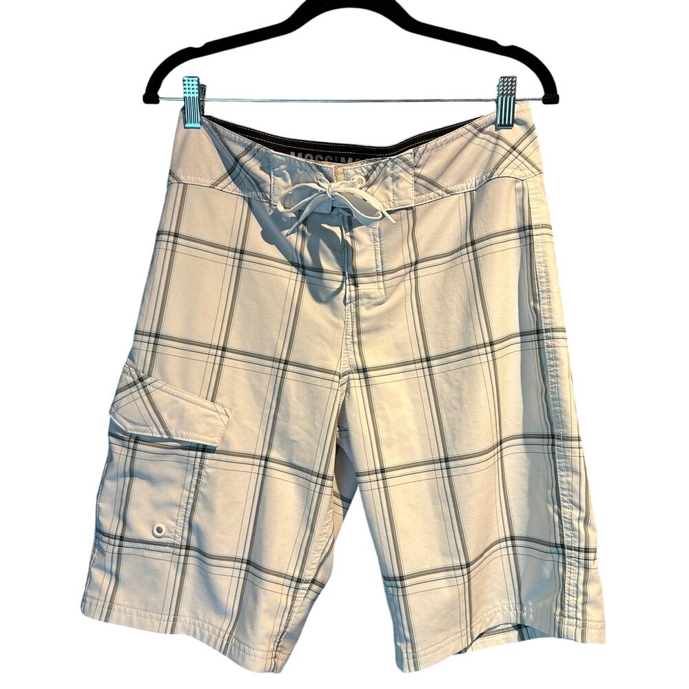Mossimo Size 30 Board Shorts White Blue Plaid Pockets Vacation Cruise